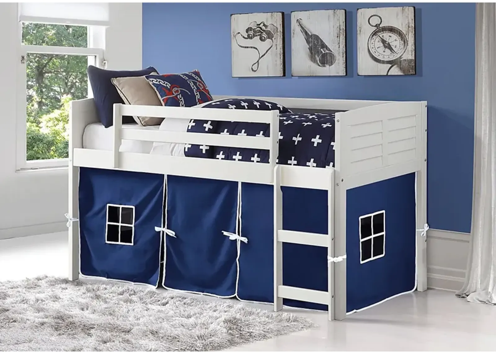 Kids Camp Hideaway White Twin Jr. Loft Bed with Blue Tent