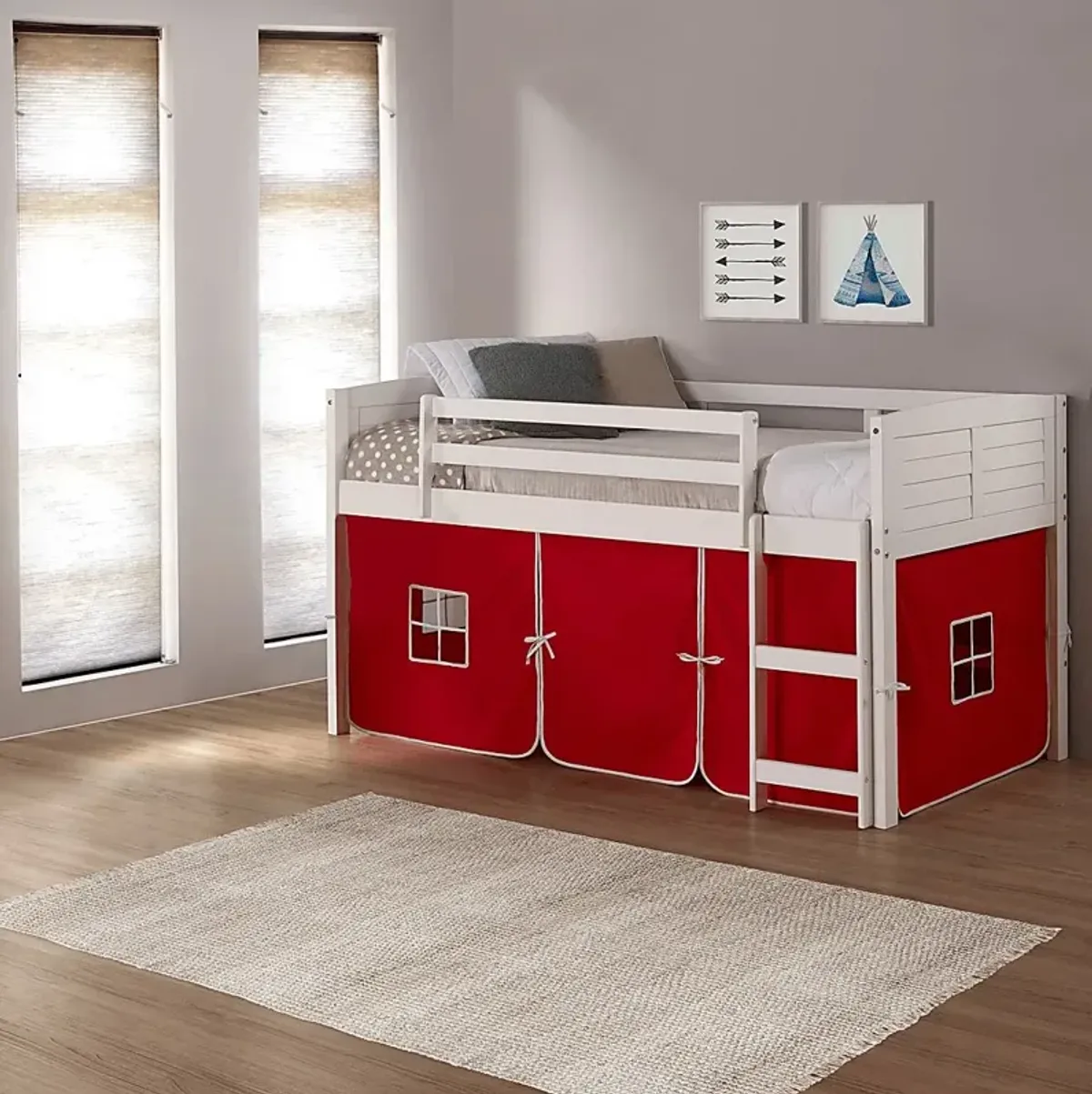 Kids Camp Hideaway White Twin Jr. Loft Bed with Red Tent