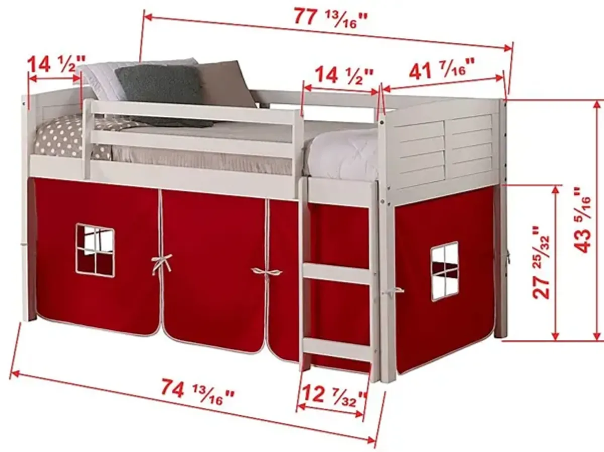 Kids Camp Hideaway White Twin Jr. Loft Bed with Red Tent