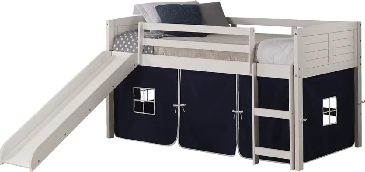 Kids Camp Hideaway White Twin Jr Loft Bed with Blue Tent and Slide