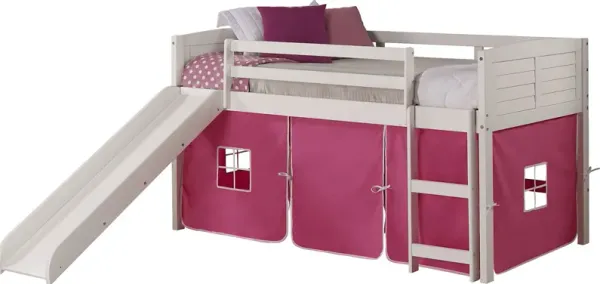 Kids Camp Hideaway White Twin Jr. Loft Bed with Pink Tent and Slide
