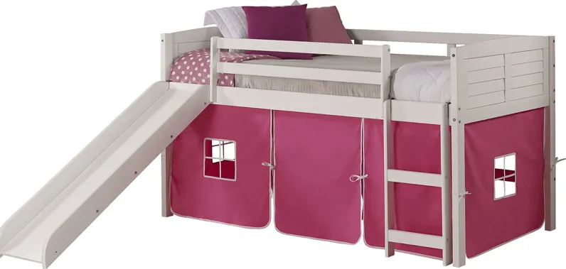 Kids Camp Hideaway White Twin Jr. Loft Bed with Pink Tent and Slide