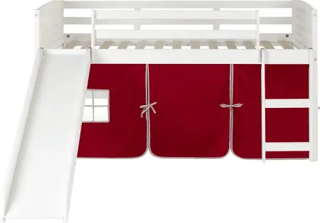 Kids Camp Hideaway White Twin Jr. Loft with Red Tent and Slide