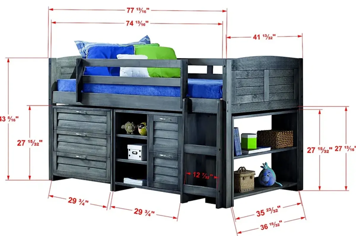 Kids Daintree Gray Twin Jr. Loft Bed with Bookcases