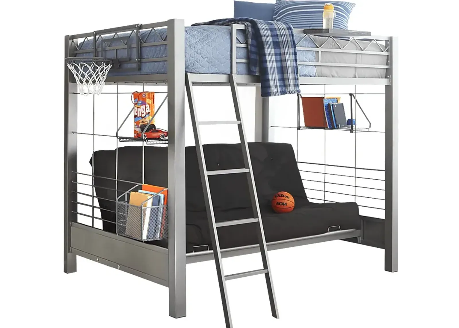 Build-a-Bunk Gray Full/Futon Loft Bed with Gray Accessories and Basketball Hoop