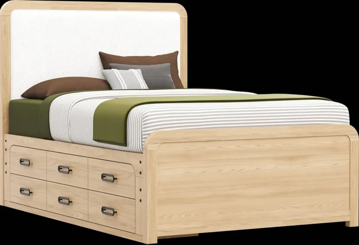 Kids Hidden Hills Light Oak Full Upholstered Panel Storage Bedroom