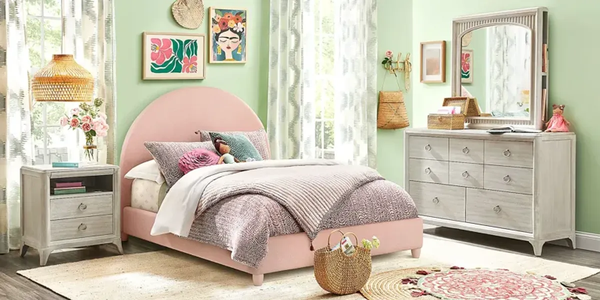 Kids Vivien Wirebrush Gray Bedroom with Moonstone Pink Twin Upholstered Bed