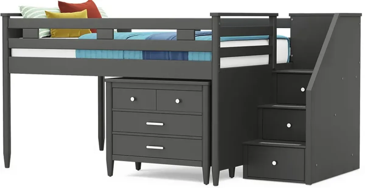 Kids Modern Colors Iron Ore Full Step Loft with Loft Chest