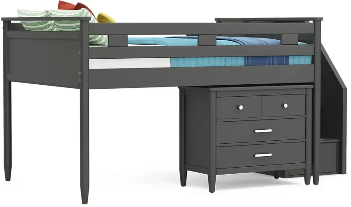 Kids Modern Colors Iron Ore Full Step Loft with Loft Chest