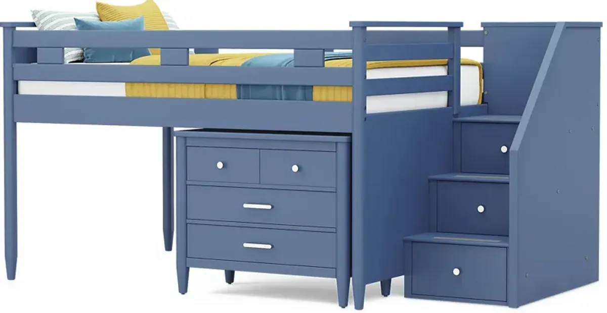 Kids Modern Colors Slate Blue Full Step Loft with Loft Chest