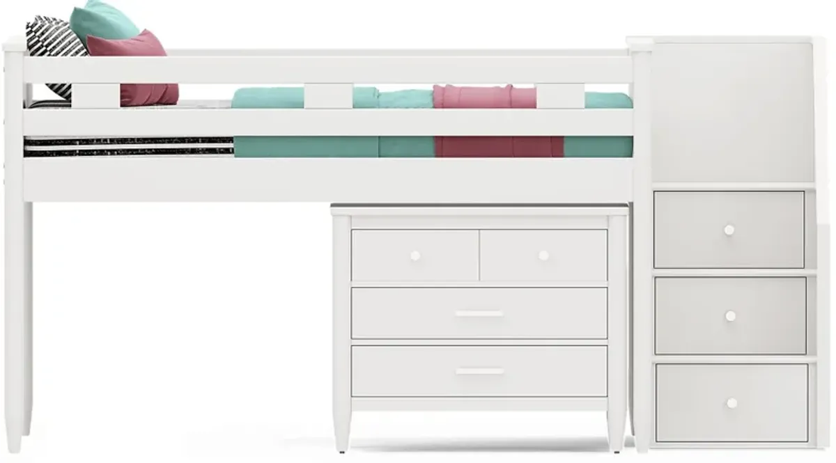 Kids Modern Colors White Full Step Loft with Loft Chest