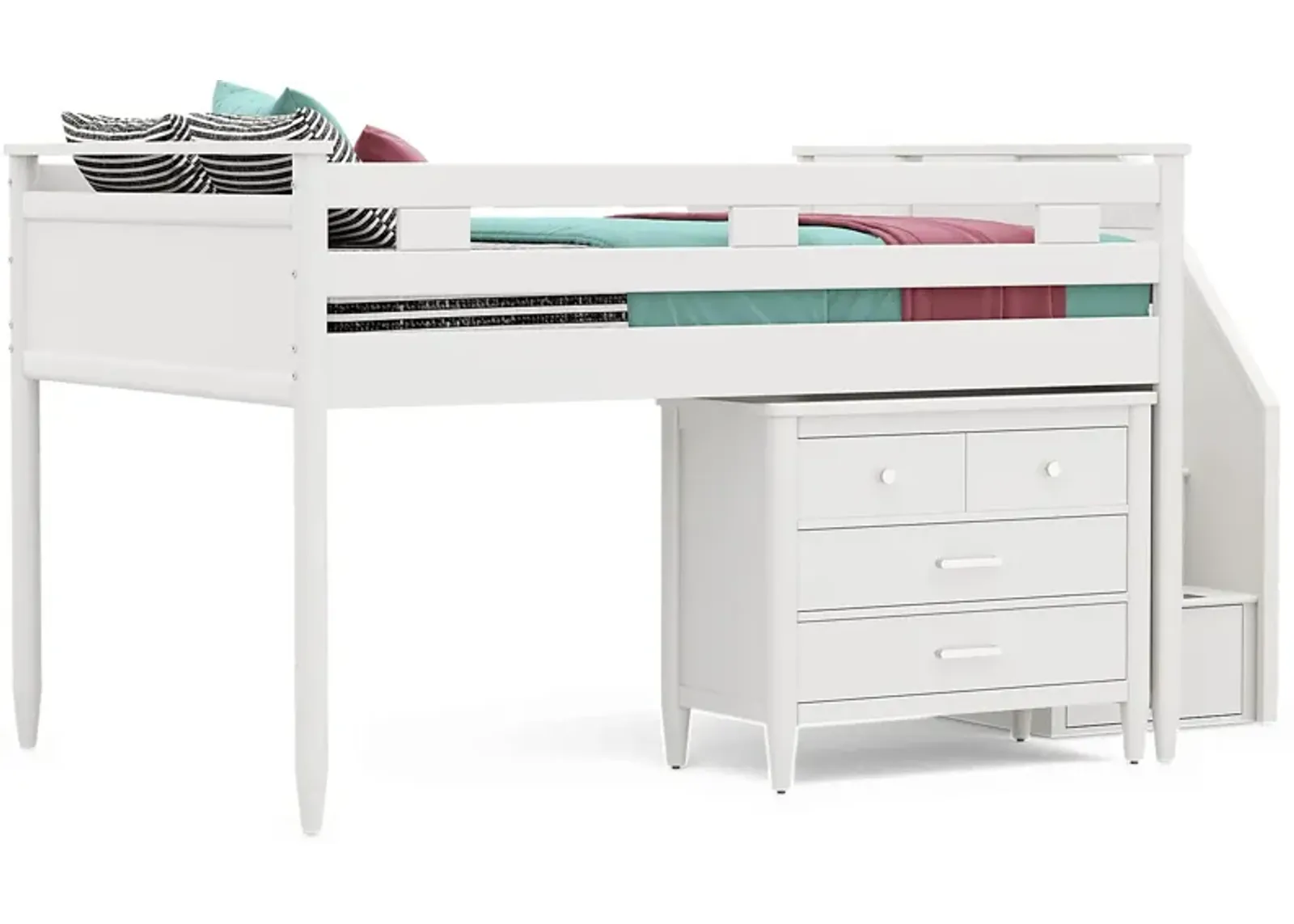 Kids Modern Colors White Full Step Loft with Loft Chest