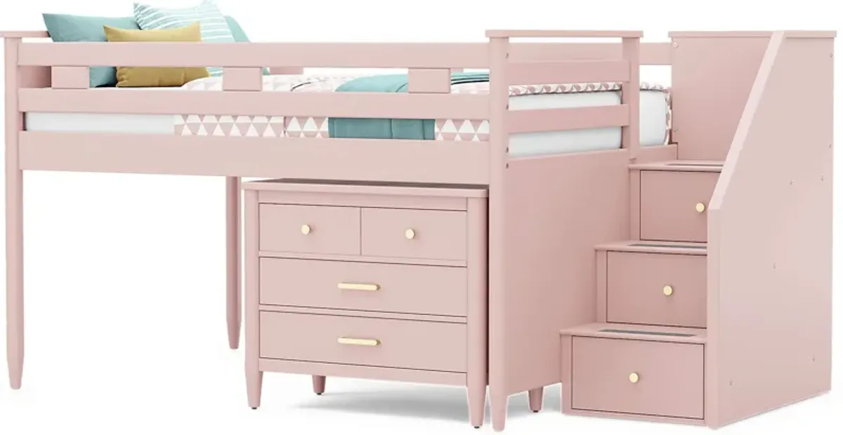 Kids Modern Colors Pink Full Step Loft with Loft Chest