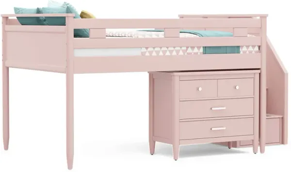 Kids Modern Colors Pink Full Step Loft with Loft Chest