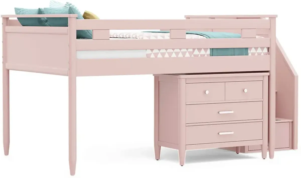 Kids Modern Colors Pink Full Step Loft with Loft Chest