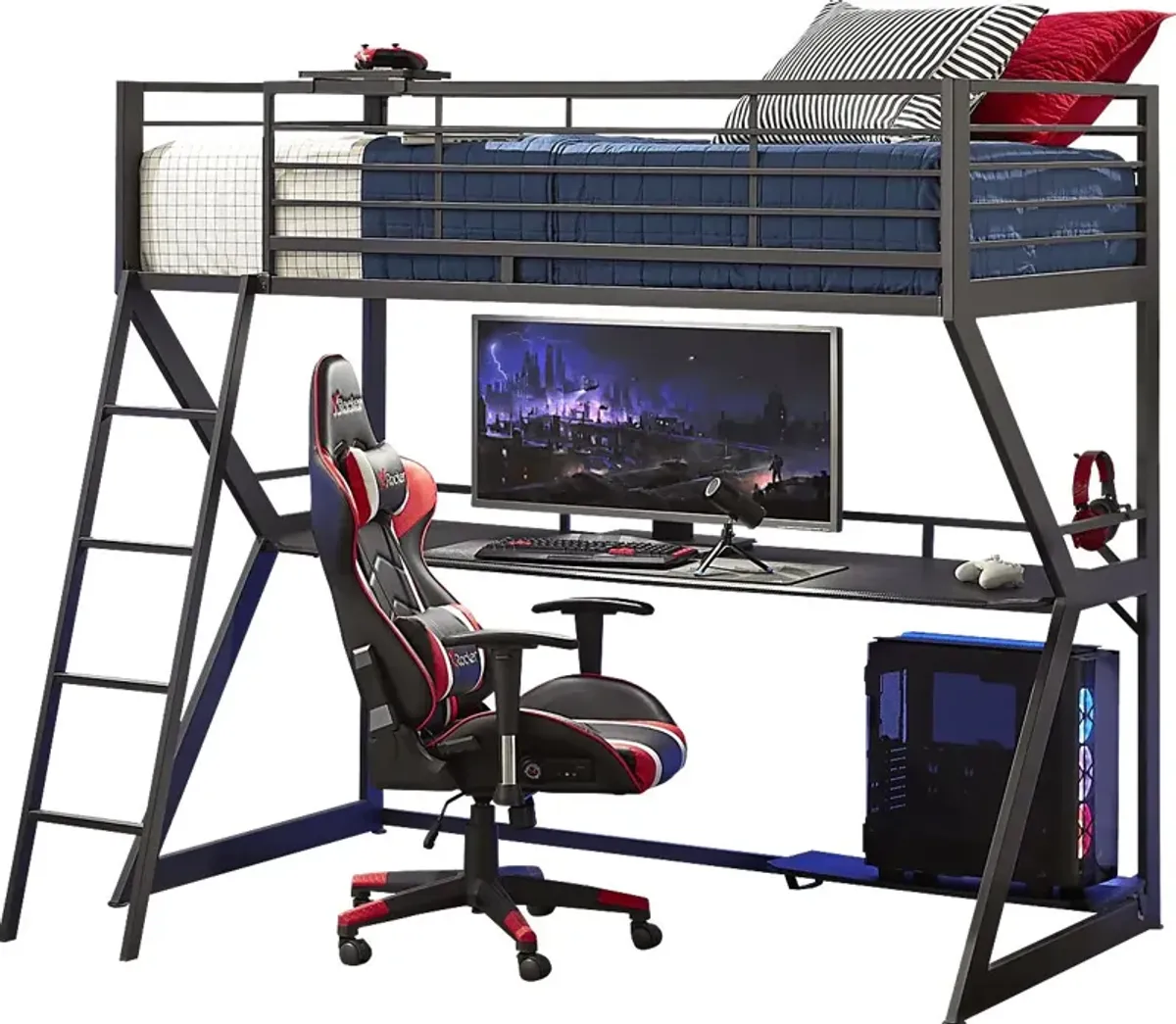 Kids Carbon Optix Black Twin Gaming Loft Bed with LED Lights and Accessories