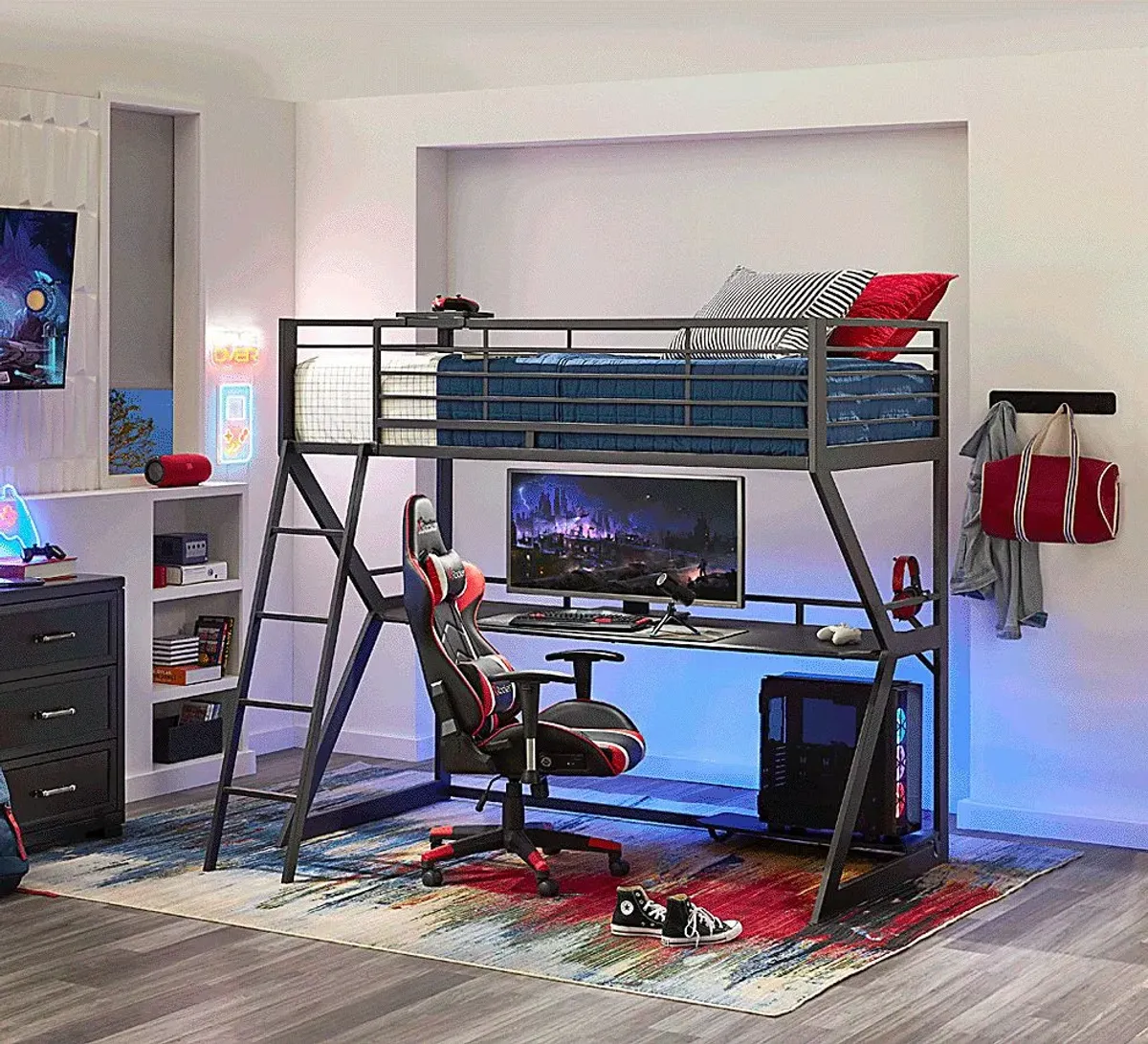 Kids Carbon Optix Black Twin Gaming Loft Bed with LED Lights and Accessories