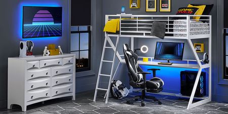 Kids Carbon Optix White Twin Gaming Loft Bed with LED Lights and Accessories
