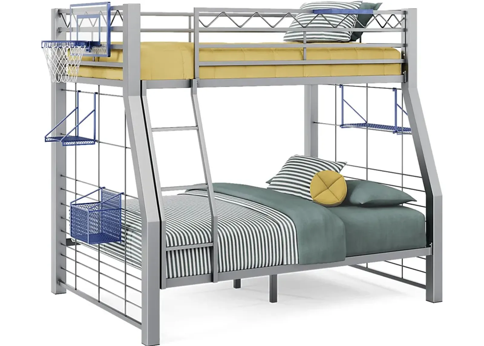 Build-A-Bunk Gray Twin/Full Bunk Bed with Blue Accessories and Basketball Hoop