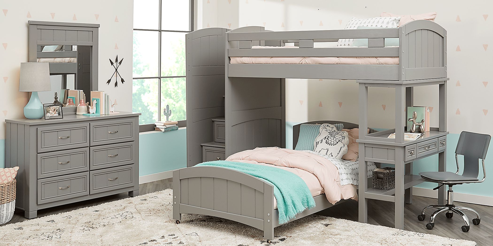 Kids Cottage Colors Gray Twin/Twin Step Bunk Bed with Desk