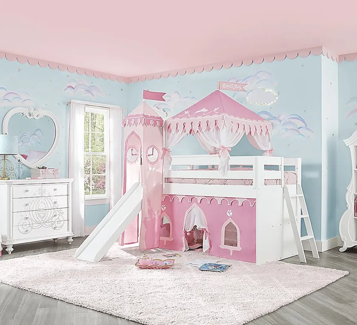 Disney Princess Fairytale White Twin Loft Bed with Activity Panel and Tower