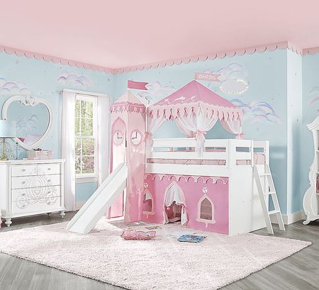 Disney Princess Fairytale White Twin Loft Bed with Activity Panel and Tower