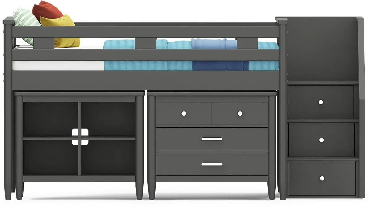 Kids Modern Colors Iron Ore Full Step Loft with Loft Chest and Bookcase