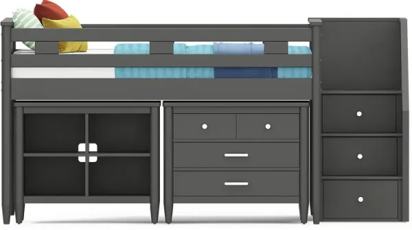 Kids Modern Colors Iron Ore Full Step Loft with Loft Chest and Bookcase