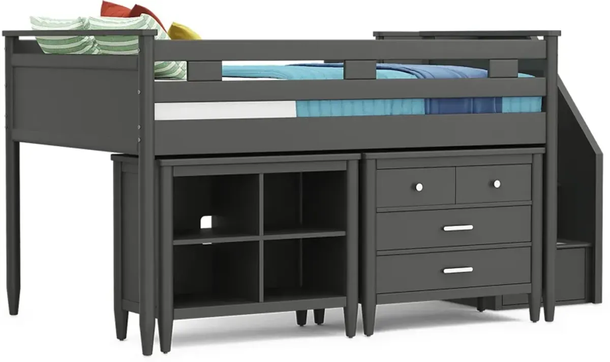 Kids Modern Colors Iron Ore Full Step Loft with Loft Chest and Bookcase