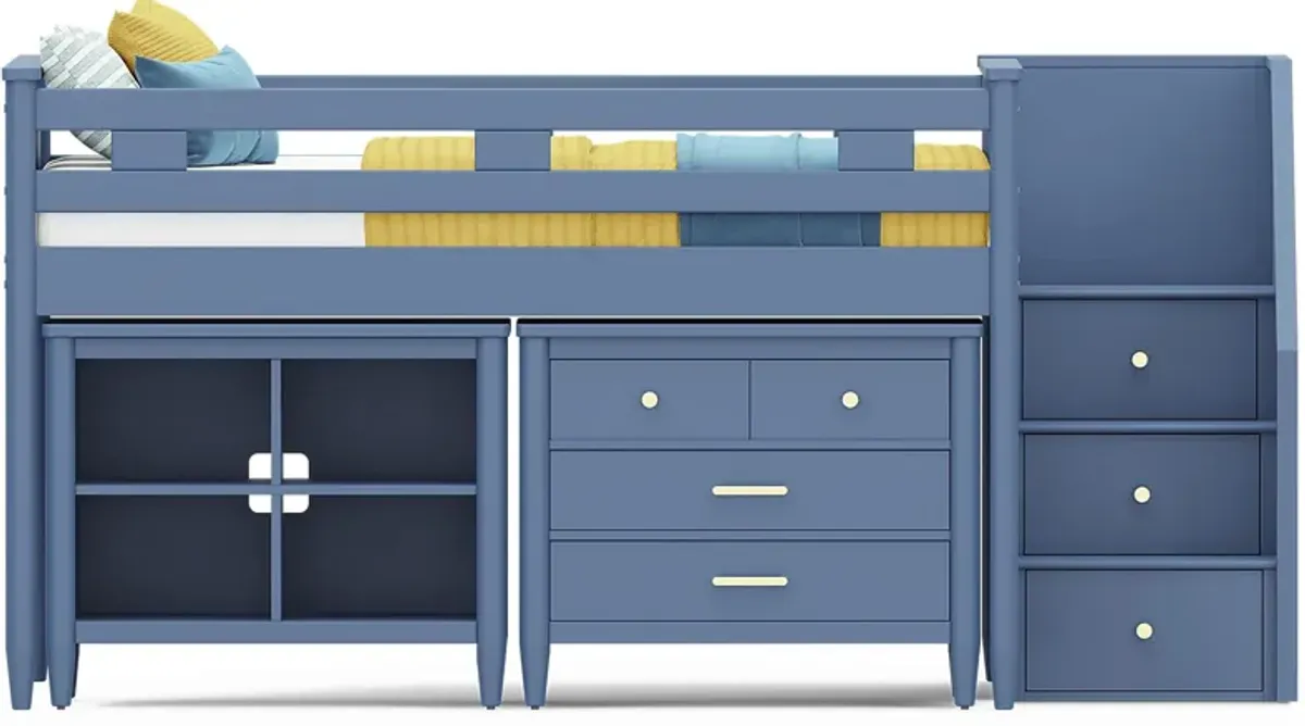 Kids Modern Colors Slate Blue Full Step Loft with Loft Chest and Bookcase