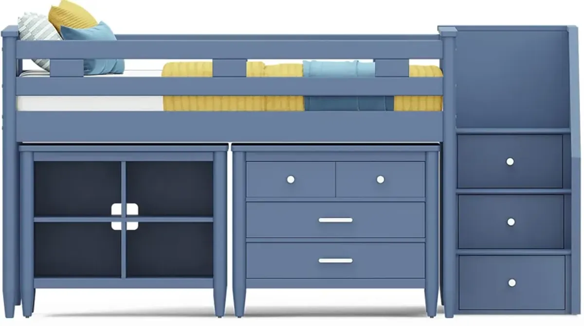 Kids Modern Colors Slate Blue Full Step Loft with Loft Chest and Bookcase