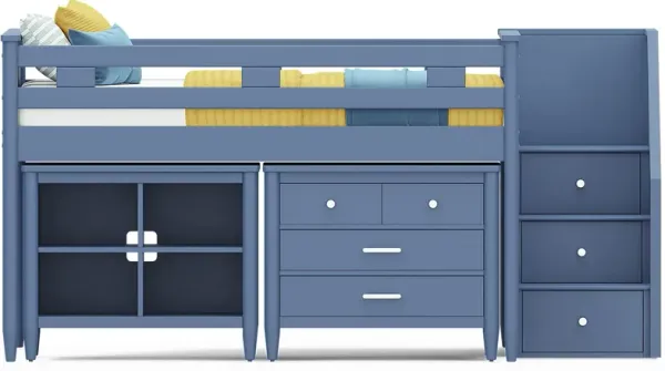 Kids Modern Colors Slate Blue Full Step Loft with Loft Chest and Bookcase