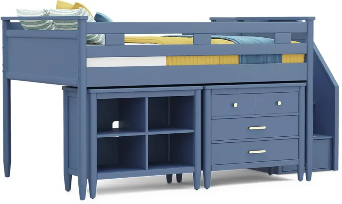 Kids Modern Colors Slate Blue Full Step Loft with Loft Chest and Bookcase