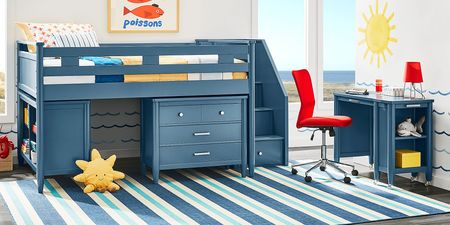 Kids Modern Colors Slate Blue Full Step Loft with Loft Chest and Bookcase