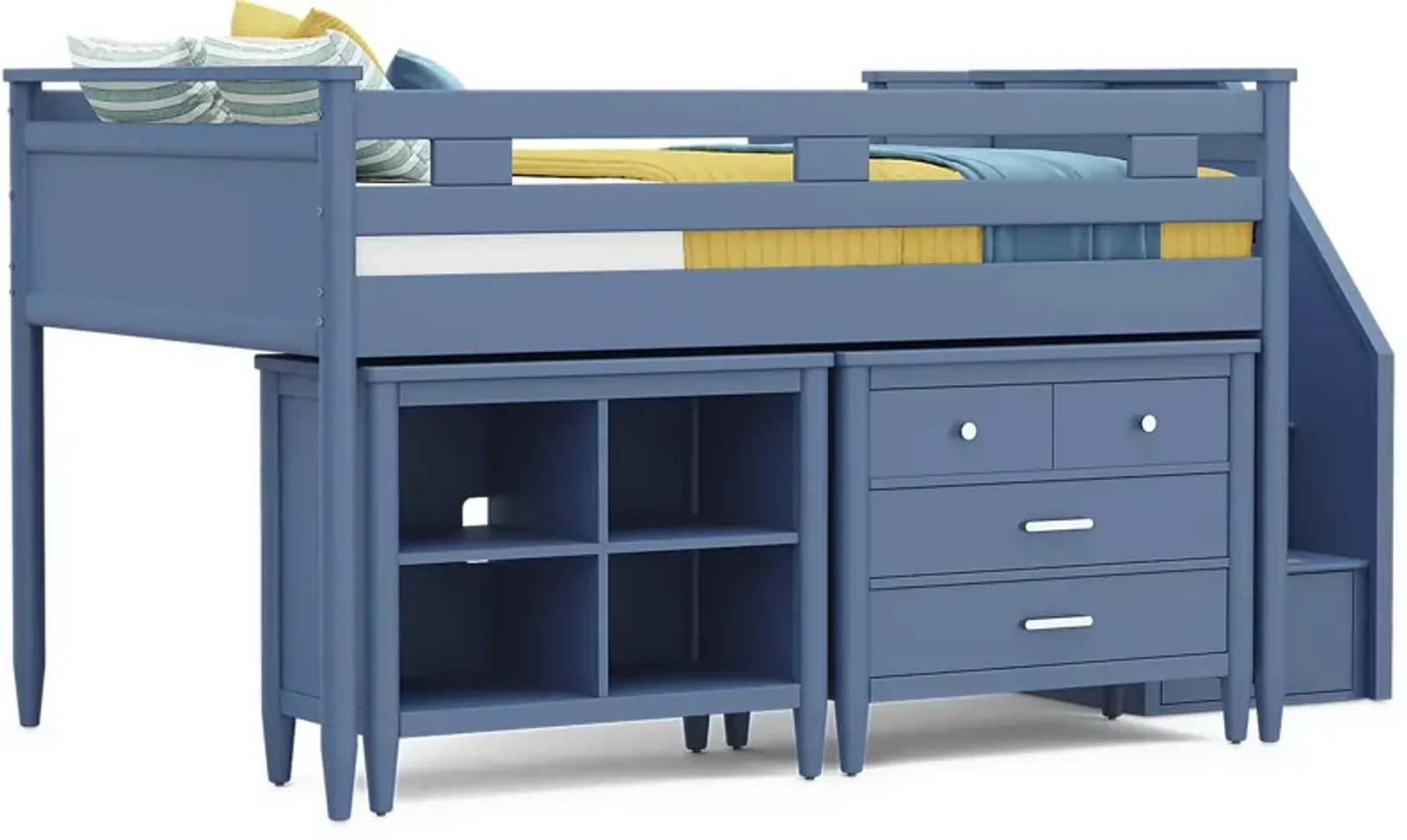 Kids Modern Colors Slate Blue Full Step Loft with Loft Chest and Bookcase