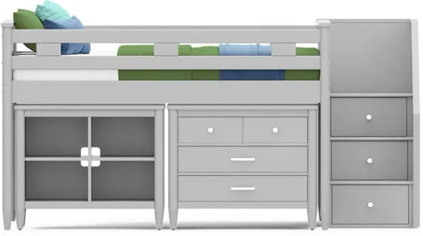 Kids Modern Colors Light Gray Full Step Loft with Loft Chest and Bookcase