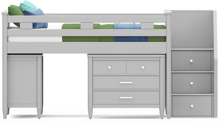 Kids Modern Colors Light Gray Full Step Loft with Loft Chest and Bookcase