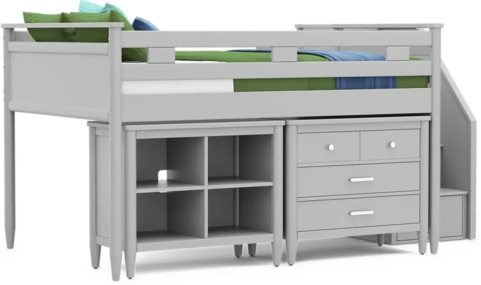 Kids Modern Colors Light Gray Full Step Loft with Loft Chest and Bookcase