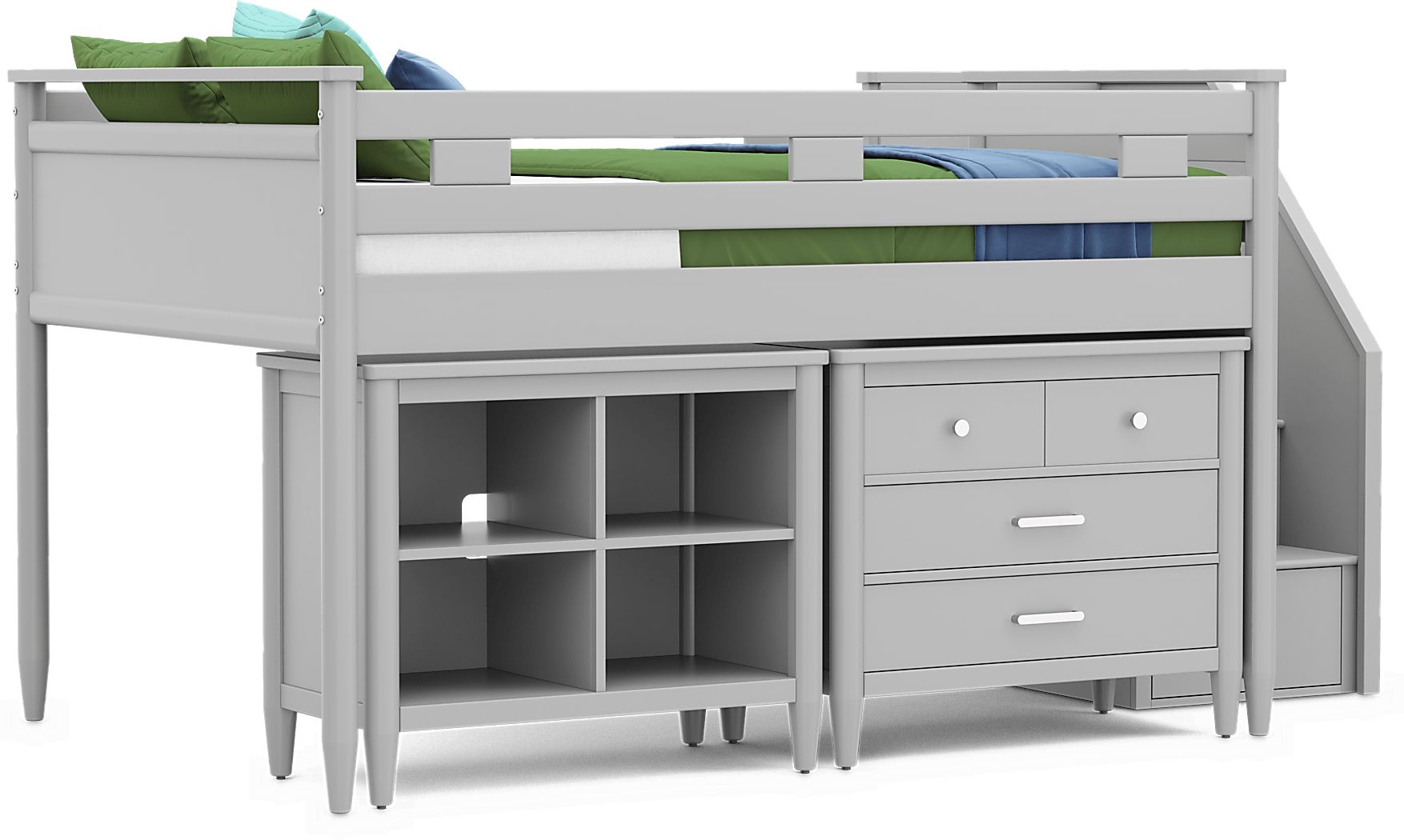 Kids Modern Colors Light Gray Full Step Loft with Loft Chest and Bookcase