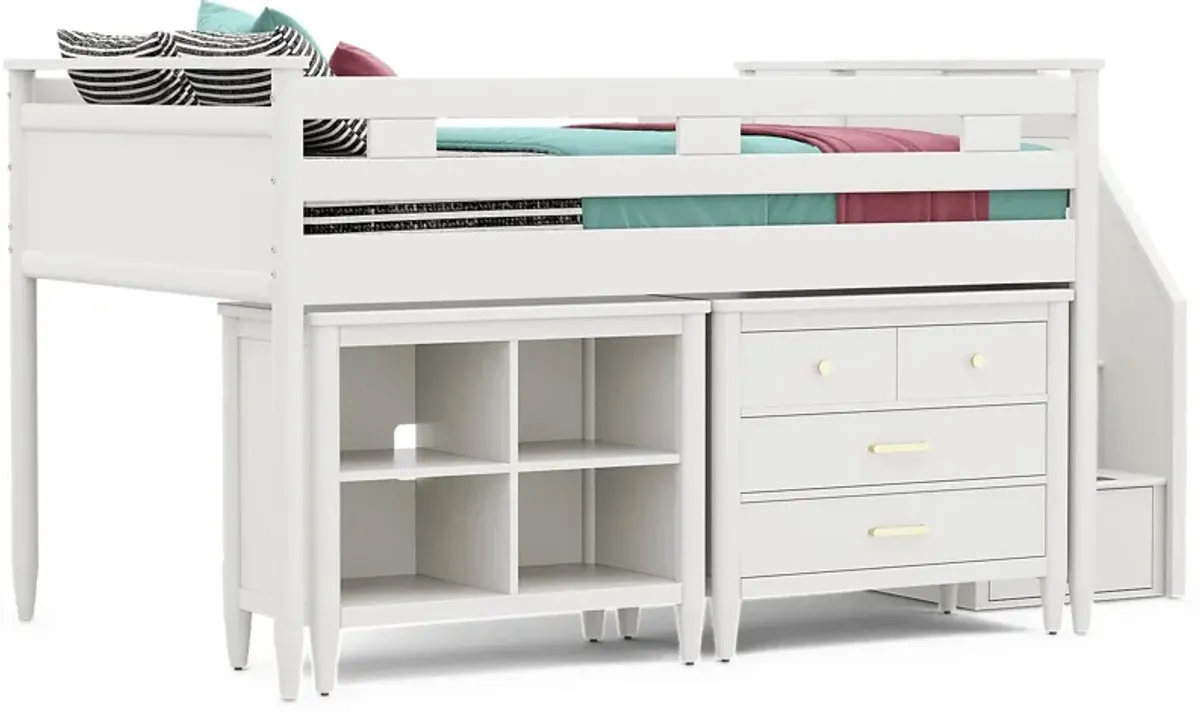 Kids Modern Colors White Full Step Loft with Loft Chest and Bookcase