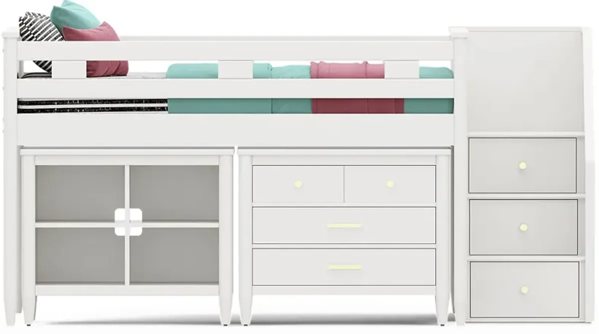 Kids Modern Colors White Full Step Loft with Loft Chest and Bookcase