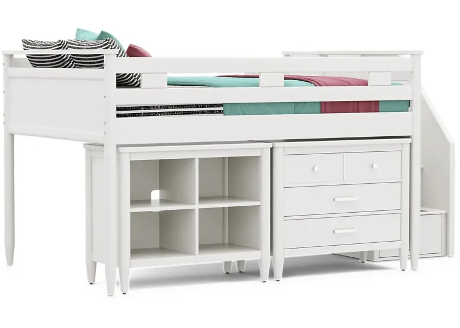 Kids Modern Colors White Full Step Loft with Loft Chest and Bookcase