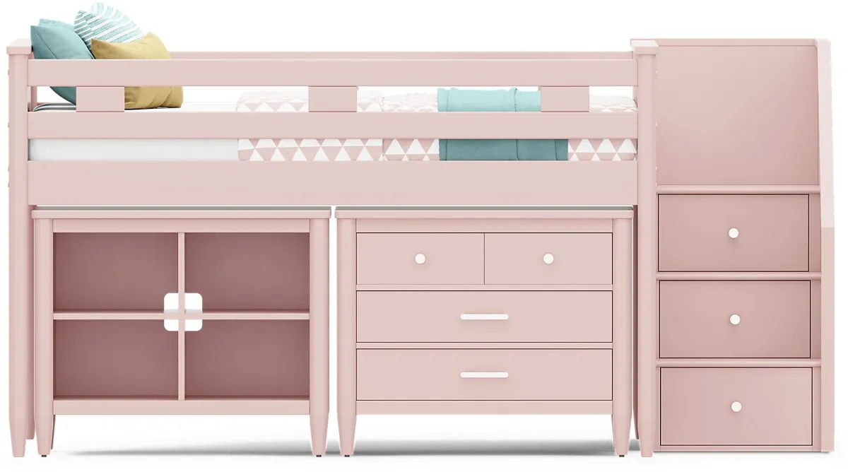 Kids Modern Colors Pink Full Step Loft with Loft Chest and Bookcase