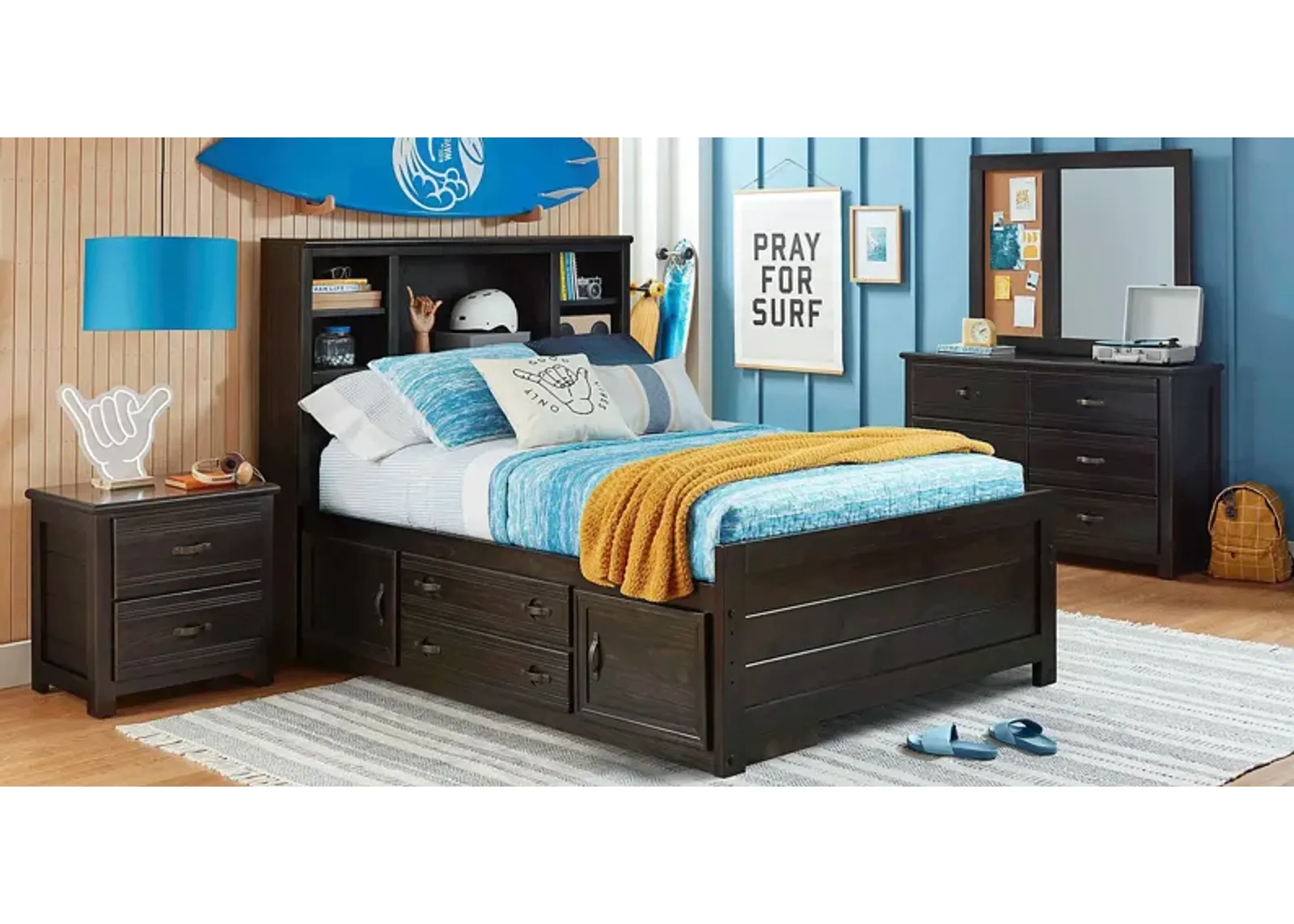 Kids Creekside 2.0 Charcoal 5 Pc Twin Bookcase Bedroom with Storage Side Rail