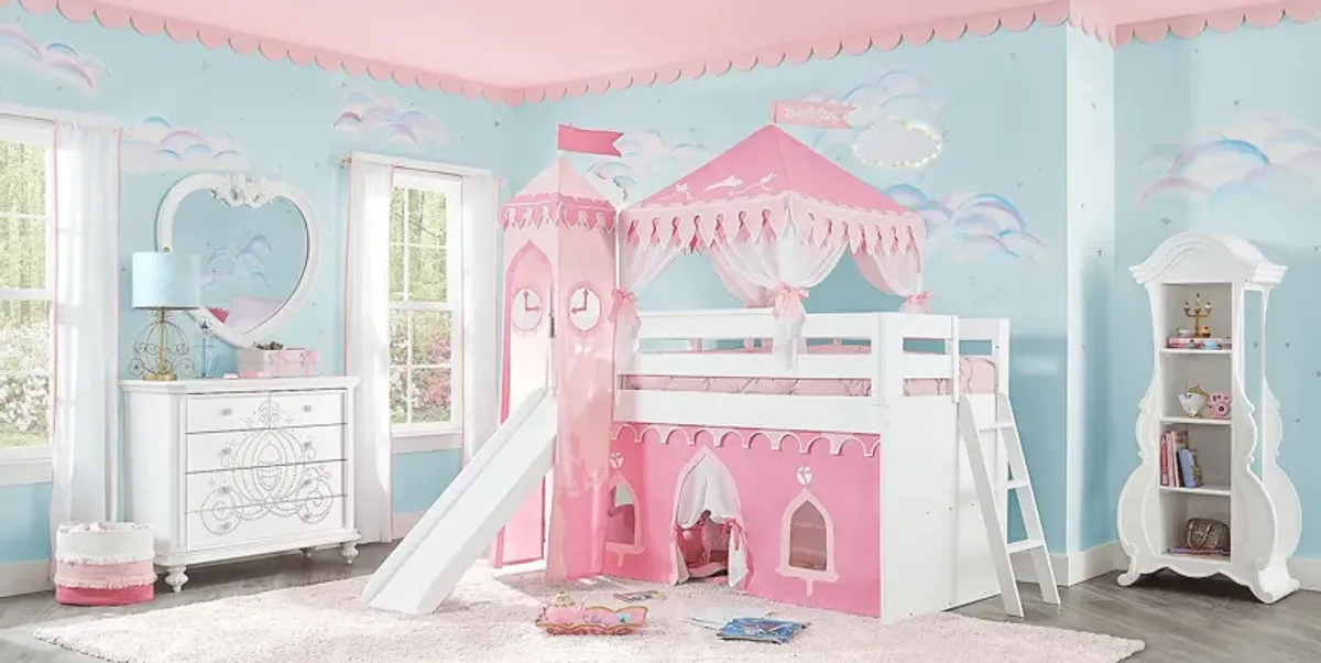 Disney Princess Fairytale White Twin Loft Bed with Slide and Tower