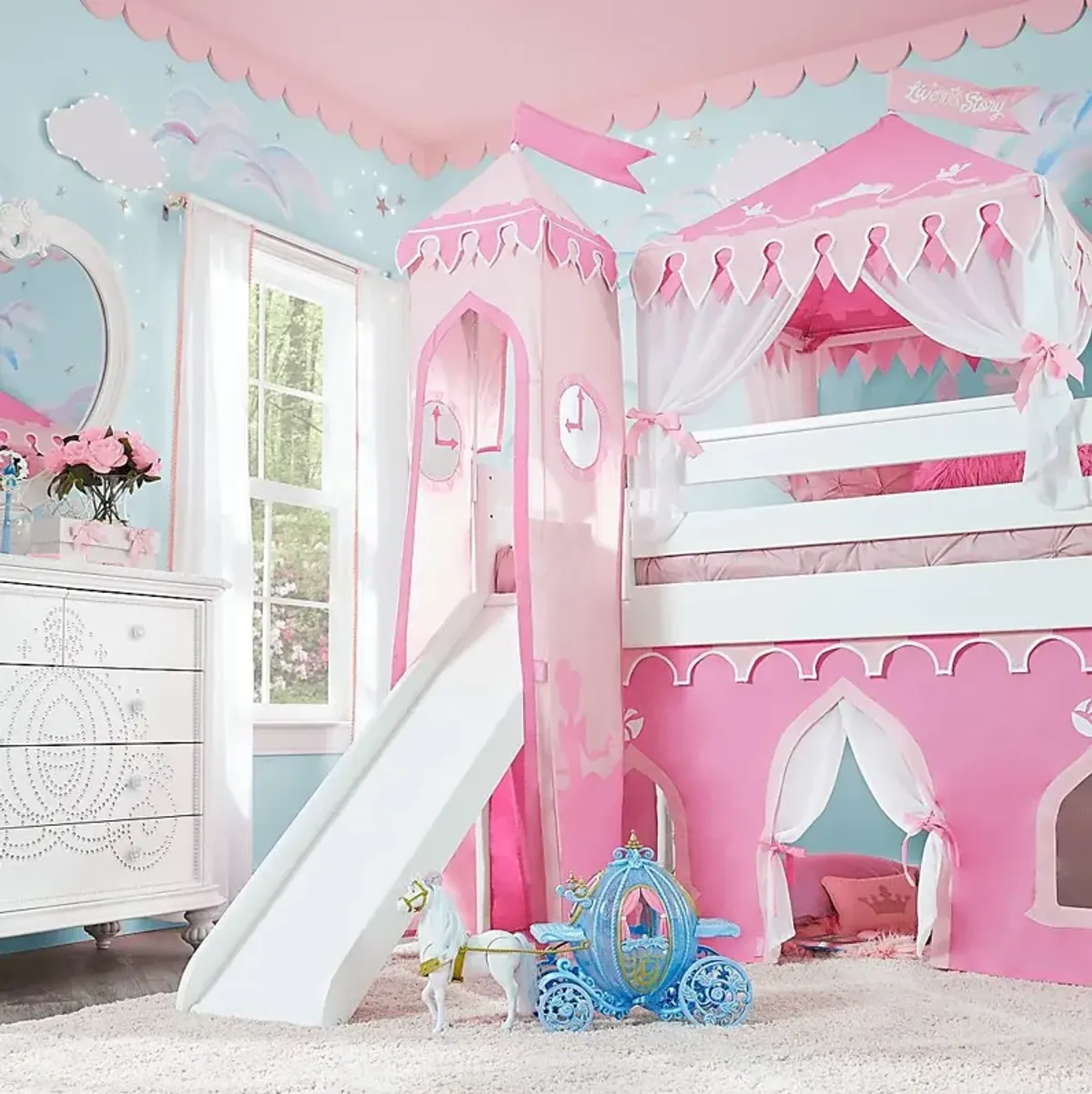 Disney Princess Fairytale White Twin Loft Bed with Slide and Tower