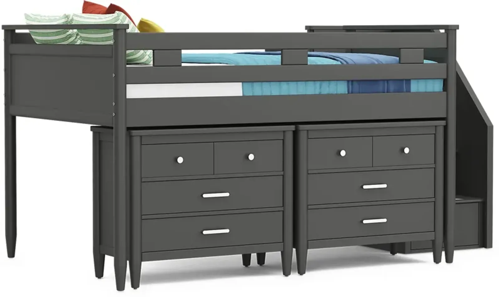 Kids Modern Colors Iron Ore Full Step Loft with Loft Chests