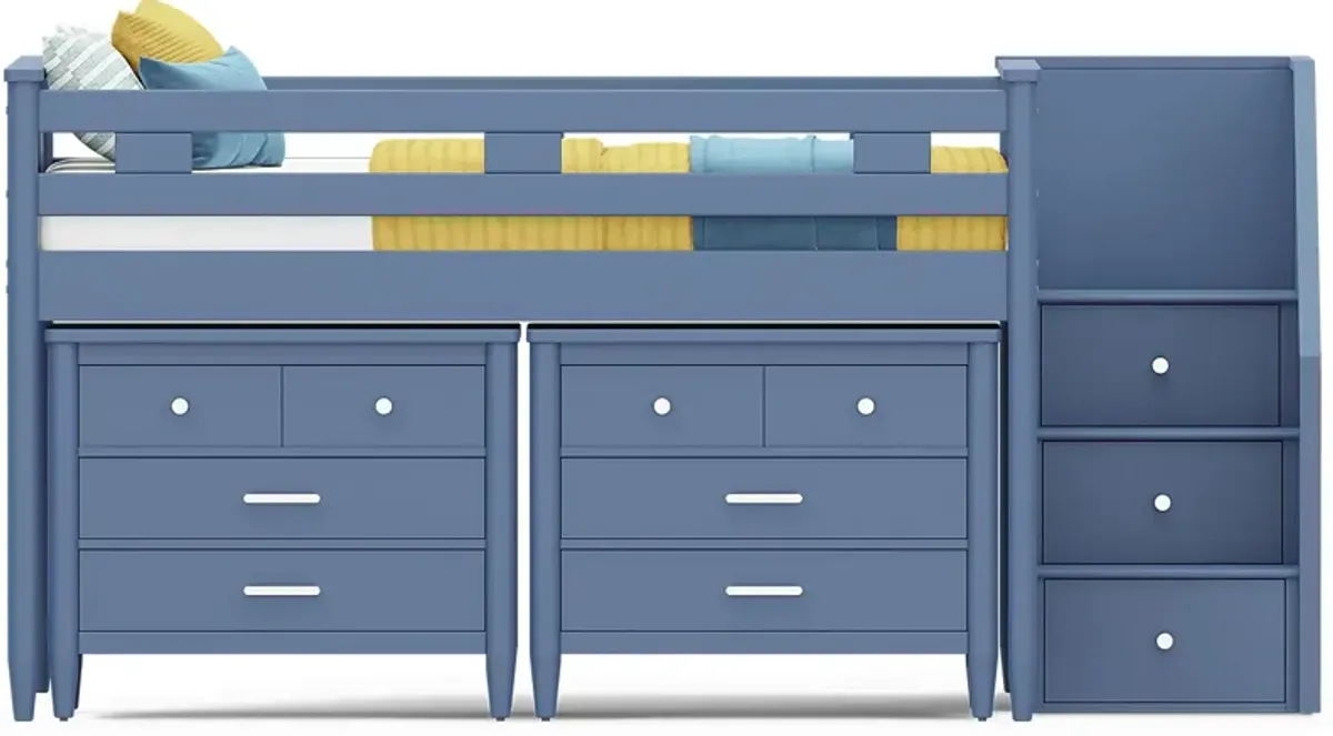 Kids Modern Colors Slate Blue Full Step Loft with Loft Chests