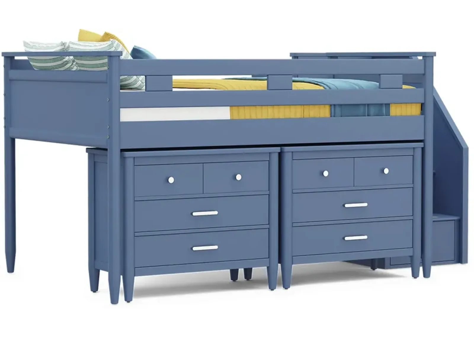 Kids Modern Colors Slate Blue Full Step Loft with Loft Chests