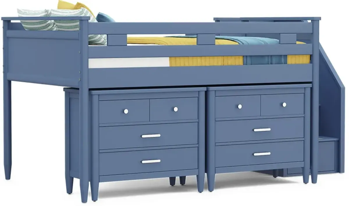 Kids Modern Colors Slate Blue Full Step Loft with Loft Chests